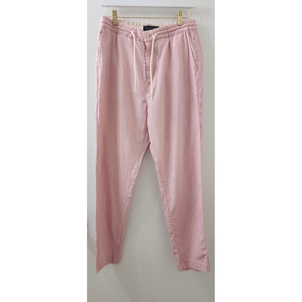 Scotch & Soda Mens Pink Linen Blend Herringbone Drawstring Trousers Pants 30x27